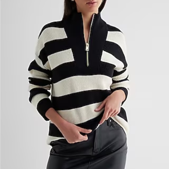 Express Striped Ribbed Quarter Zip Tunic Sweater in Black Cream Size Medium - Picture 3 of 17